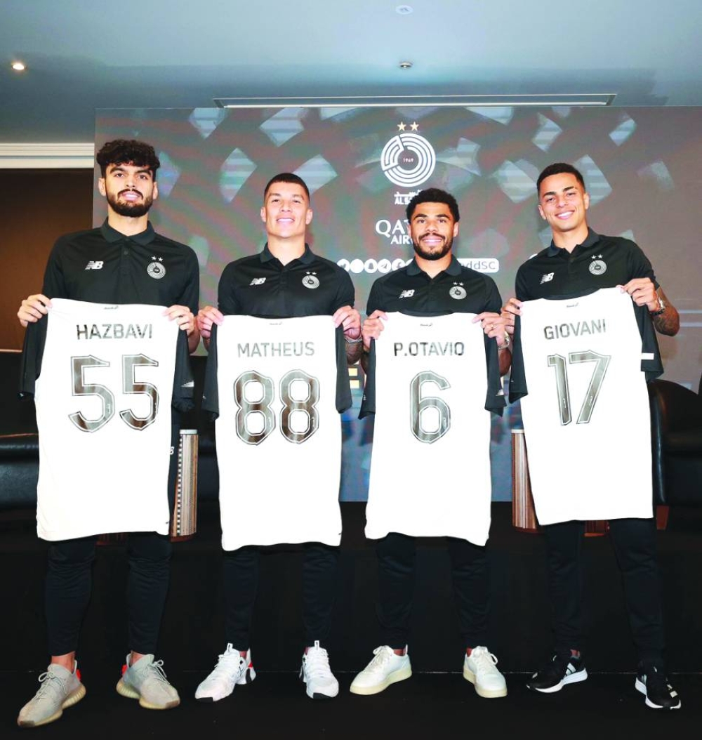 Al Sadd’s new signings – Brazilian duo Paulo Ottavio and Giovanni Henrique, Iran’s Mohamed Amin Hazbavi and Mateus Uribe of Colombia – at a press conference on Friday.
