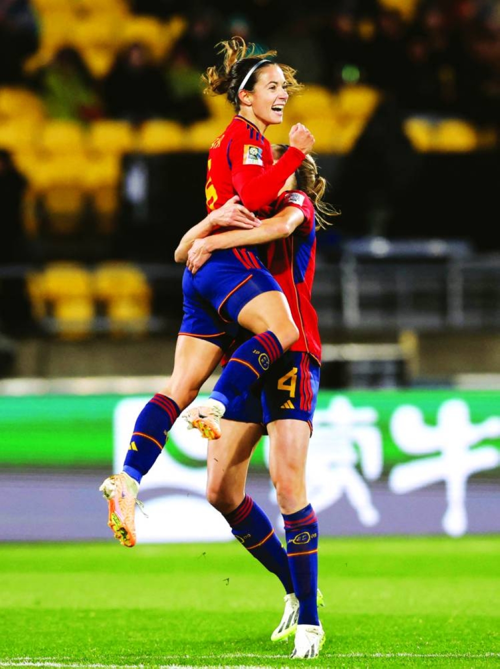 
Spain’s Aitana Bonmati (left) celebrates with Irene Paredes after scoring against Costa Rica at the FIFA Women’s World Cup in Wellington. (Reuters)
 