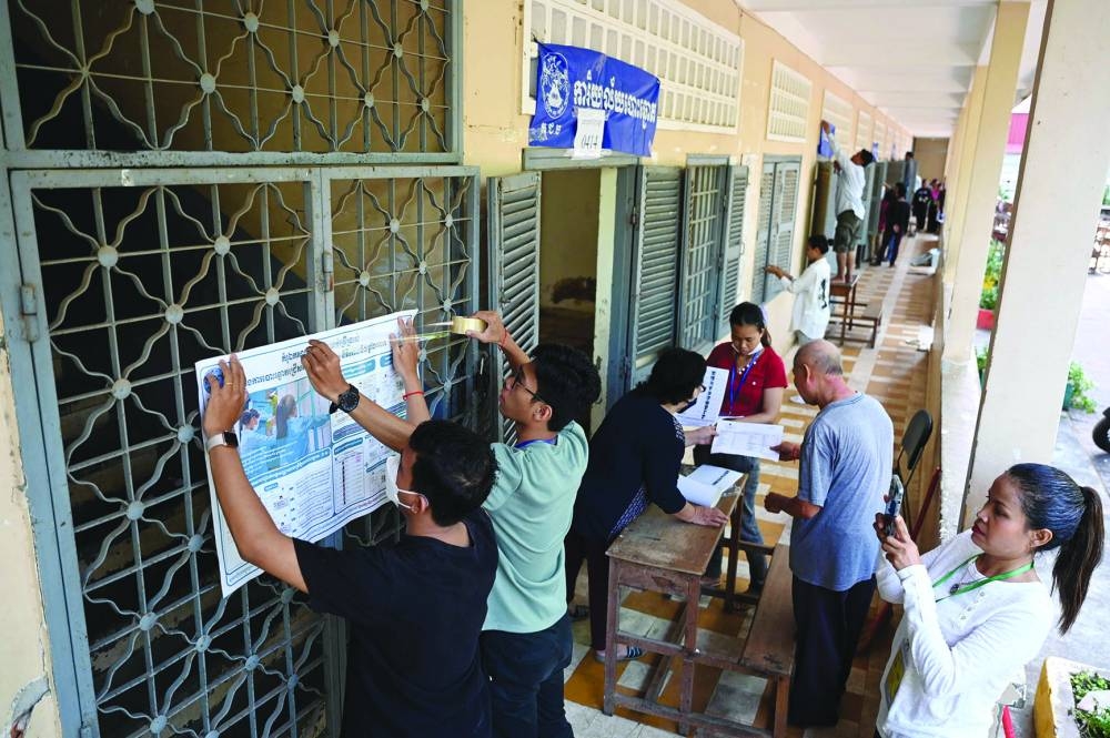 Officials prepare an information poster at a polling station in Phnom Penh ahead of Sunday’s election.