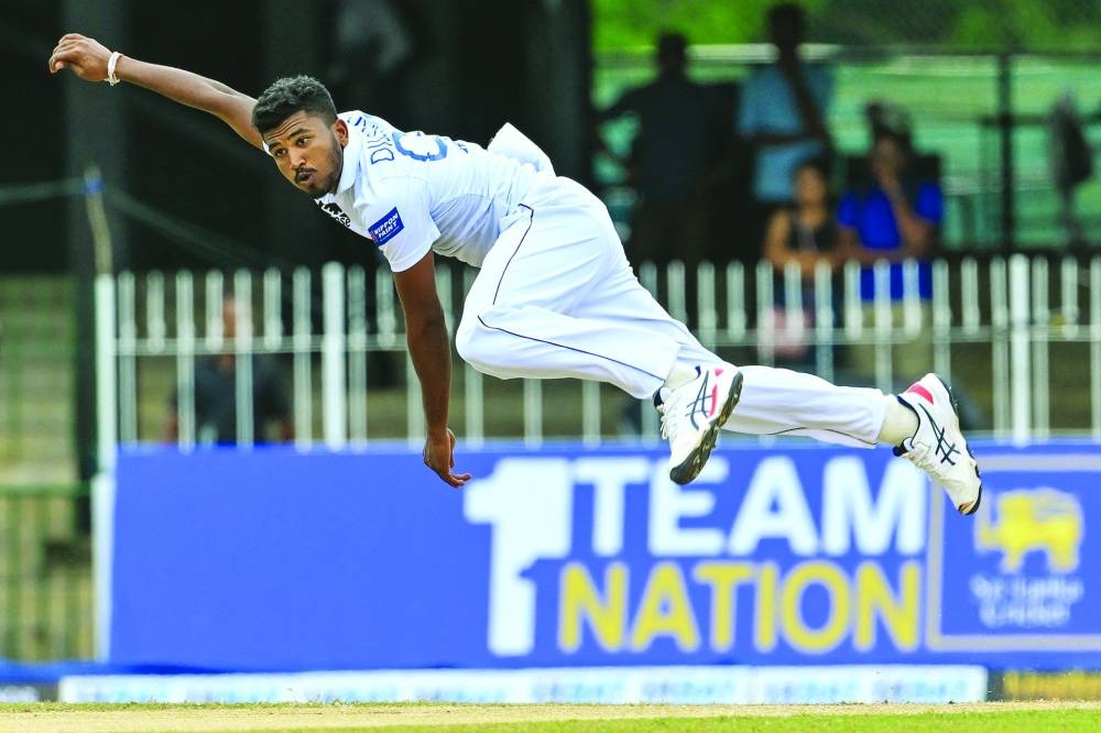 Sri Lanka’s fast bowler Dilshan Madushanka bowls during the second day of the second and final Test against Pakistan in Colombo on Tuesday. (AFP)