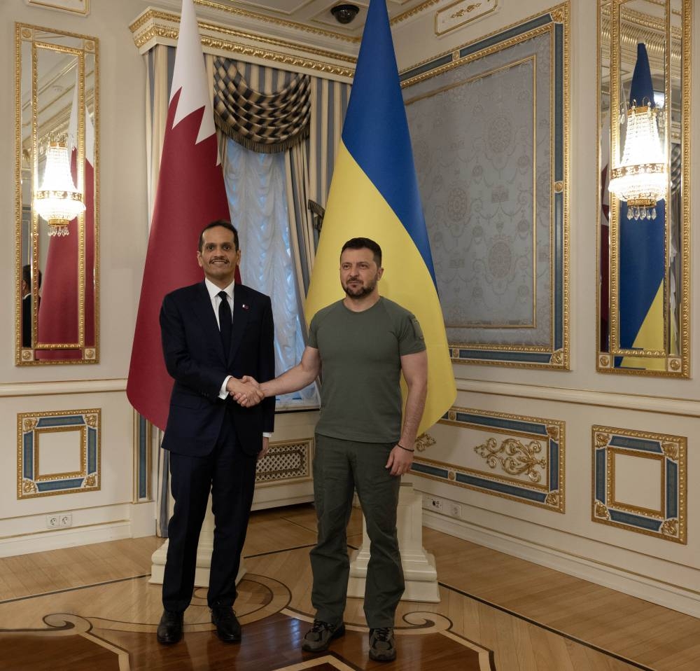 Ukrainian President Volodymyr Zelenskyy meets with HE the Prime Minister and Minister of Foreign Affairs Sheikh Mohamed bin Abdulrahman bin Jassim al-Thani at the presidential palace in Kyiv Friday.