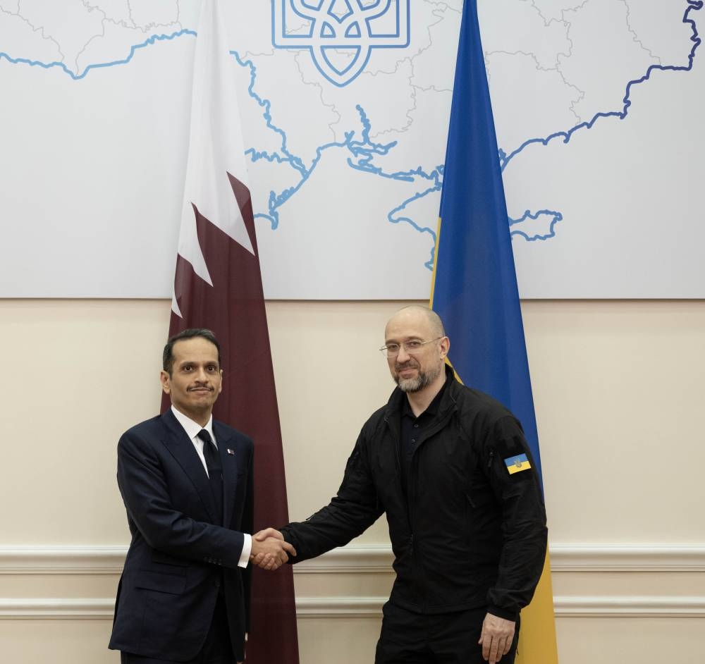 HE the Prime Minister and Minister of Foreign Affairs Sheikh Mohammed bin Abdulrahman bin Jassim Al-Thani meets with the Prime Minister of Ukraine Denys Shmyhal.