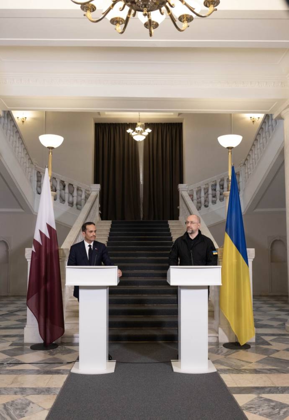 HE the Prime Minister and Minister of Foreign Affairs Sheikh Mohammed bin Abdulrahman bin Jassim Al-Thani and the Prime Minister of Ukraine Denys Shmyhal hold joint press meet.