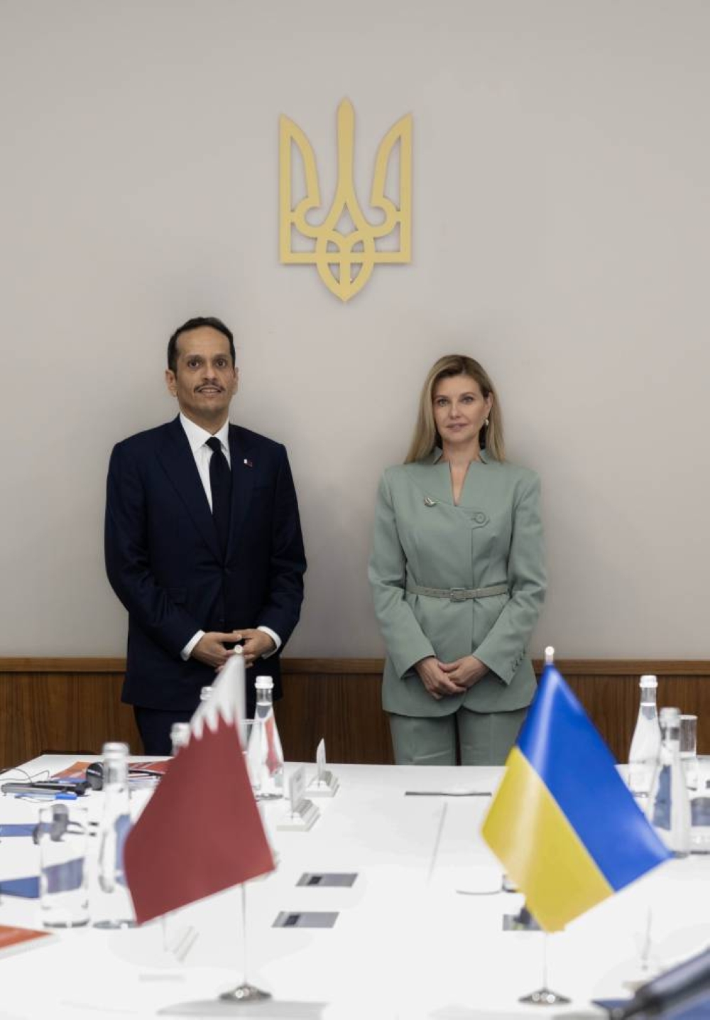 HE the Prime Minister and Minister of Foreign Affairs Sheikh Mohammed bin Abdulrahman bin Jassim Al-Thani meets with the First Lady of Ukraine Olena Zelenska.