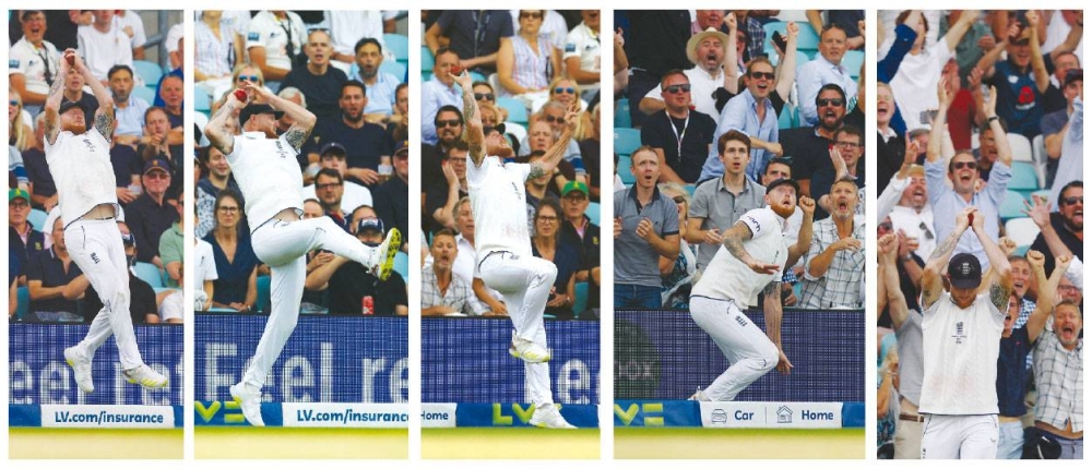 England’s Ben Stokes completes a spectacular catch on the boundary line to dismiss Australia’s Pat Cummins off the bowling of Joe Root on the third day of the fifth and final Ashes Test at the Oval, London, Britain, on Friday. (Reuters/AFP)