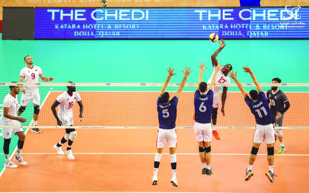 Qatar’s Raimi Wadidie goes for a smash during the semi-final of the FIVB Volleyball Challenger Cup against Chile at the Aspire Zone on Saturday. Qatar won 3-0 (25-21, 25-22, 27-25).
