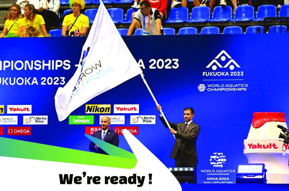 The 2024 World Aquatics Championships flag was handed over to HE Vice President of the World Aquatics Championships-Doha 2024 Organizing Committee and Secretary General of the Qatar Olympic Committee Jassim bin Rashid al-Buainain at a momentous handover ceremony in Fukuoka, Japan, Sunday.