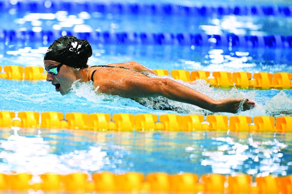 Canada’s Summer McIntosh competes in the final of the women’s 400m individual medley during the World Aquatics Championships in Fukuoka, Japan, on Sunday. (AFP)