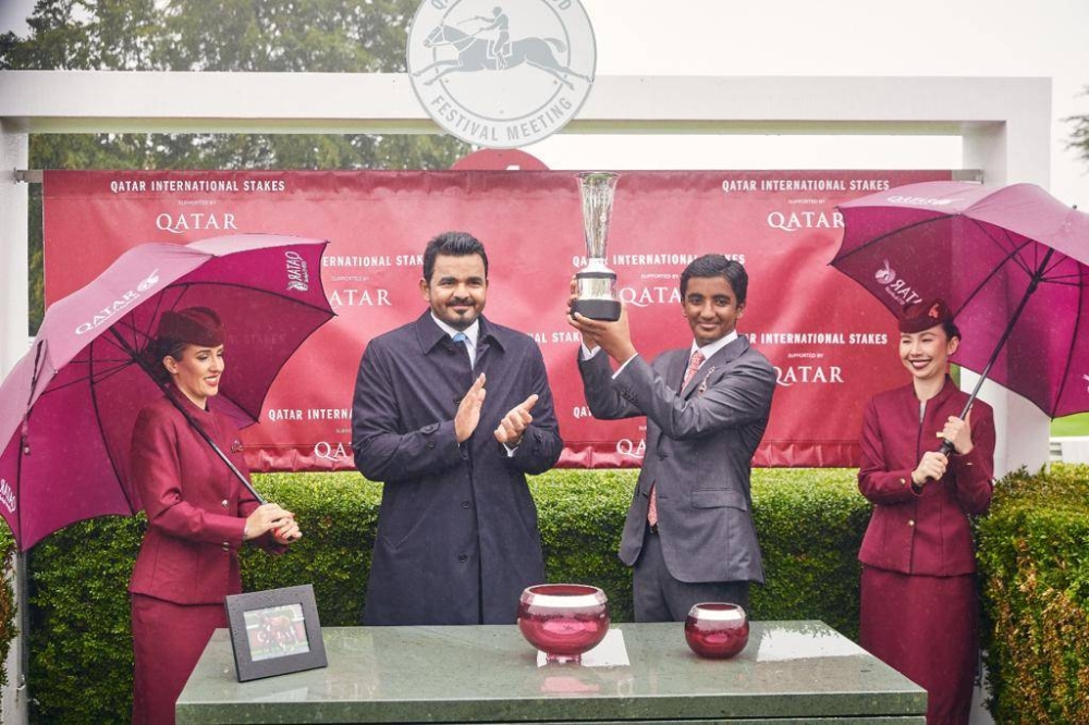 HE Sheikh Joaan bin Hamad al-Thani, President of Qatar Olympic Committee, presented the trophy to connection of Al Shaqab Racing’s Al Ghadeer, which won the Group 1 PA Qatar International Stakes on the second day of the Qatar Goodwood Festival at the Goodwood Racecourse in UK on Wednesday. PICTURE: Dominic James