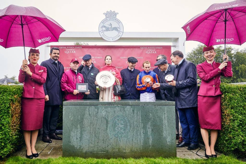 HE Sheikh Joaan bin Hamad al-Thani, President of Qatar Olympic Committee, presented the trophy to connections of Paddington, which won the Group 1 Qatar Sussex Stakes on the second day of the Qatar Goodwood Festival at the Goodwood Racecourse in UK on Wednesday. PICTURE: Dominic James