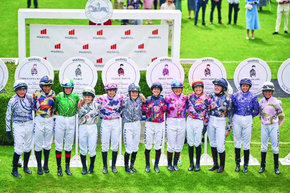 
Women riders who took part in the Markel Magnolia Cup pose before the race. Qatar was represented by Khadija Abdulwahed, who rode Classic Touch to finish third. The 12 runners in the race were sponsored by various organisations and all the riders were females. 