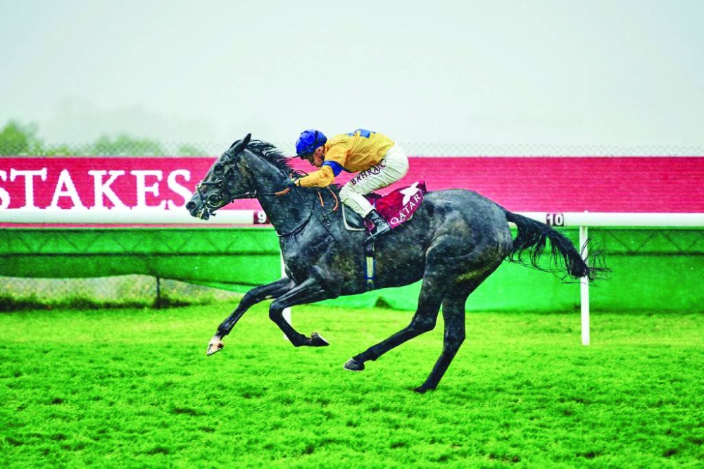 Jockey Tom Marquand ploughs Sumo Sam through the mud to Qatar Lillie Langtry Stakes victory on Saturday.