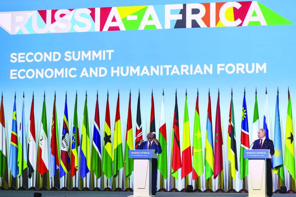 
Russian President Vladimir Putin and Comoros President and the Chairperson of the African Union Azali Assoumani deliver a joint statement at the second Russia-Africa summit in St Petersburg last month. (AFP) 