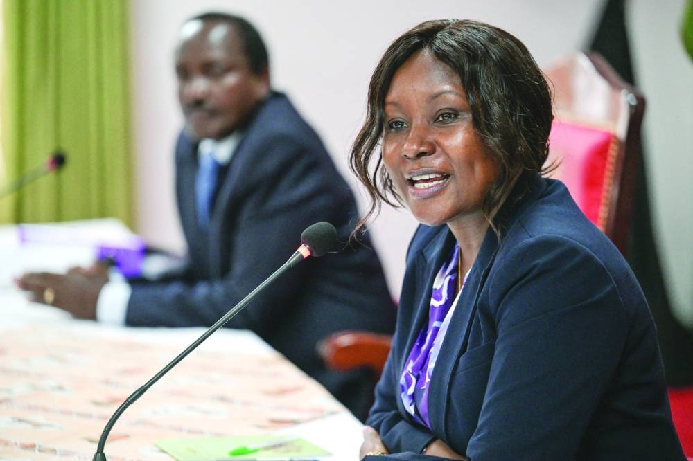 
Cecily Mbarire (R) Governor of Embu County and chairperson United Democratic Alliance (UDA) flanked by Stephen Kalonzo Musyoka (L), Wiper party leader and a principle of the Azimio la Umoja Coalition, speaks at the opening of the bipartisan talks at the Bomas of Kenya in Nairobi. 