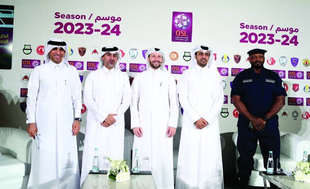 QSL Executive Director of Sales, Marketing and Communications Hassan Rabiah al-Kuwari, QSL Executive Director of Competitions and Football Development Dr Ahmed Khellil Abbassi, Executive Director of Marketing and Communications at Aspire Nasser Abdullah al-Hajri, Stadium Security Department of the Facilities and Authorities Security Department at the Ministry of Interior Captain Abdullah Masoud at the press conference on Monday.