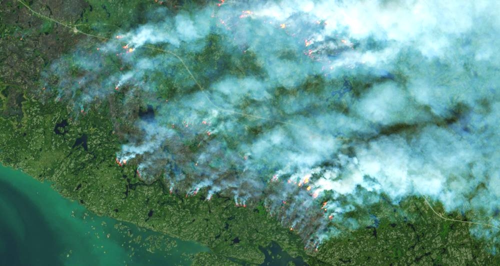 
This handout satellite image courtesy of the European Space Agency’s Copernicus Sentinel-2 satellite taken on August 16 shows fires burning in Yellowknife. 