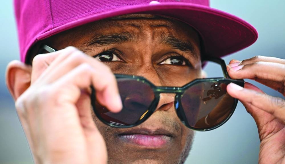 Qatar’s Mutaz Barshim reacts during the high jump qualification round of the World Athletics Championships at the National Athletics Centre in Budapest on Sunday. AFP