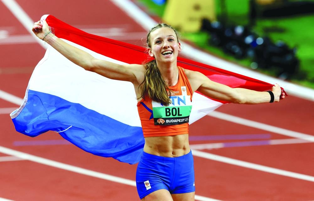 Netherlands’ Femke Bol celebrates after winning the 400m final at the World Athletics Championship in Budapest, Hungary, on Thursday. (Reuters)