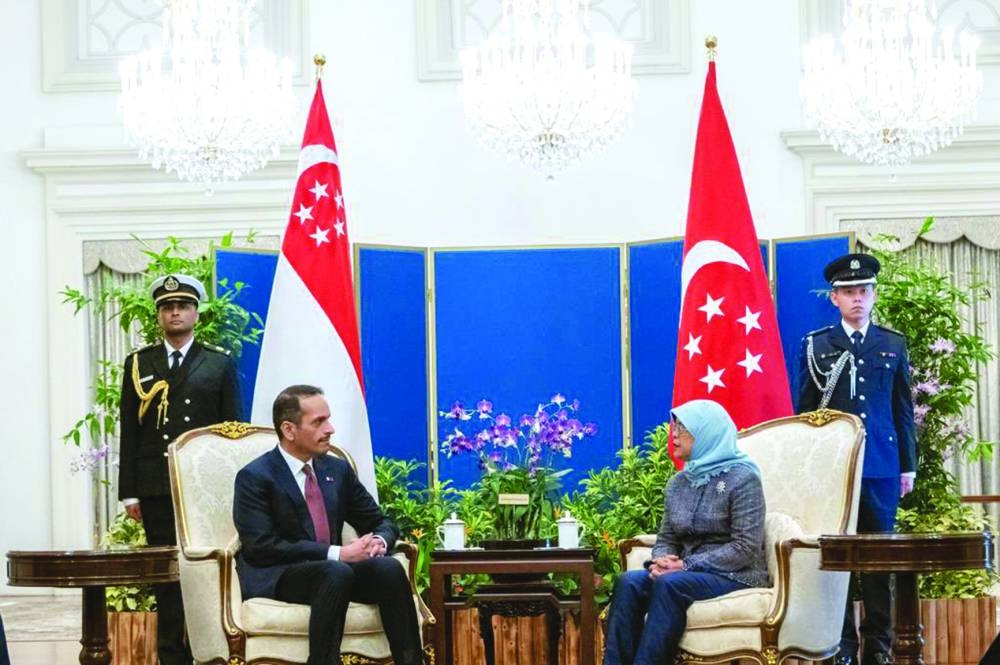 President of the Republic of Singapore Halimah Yacob met with HE the Prime Minister and Minister of Foreign Affairs Sheikh Mohamed bin Abdulrahman bin Jassim al-Thani at The Istana presidential palace in Singapore yesterday.