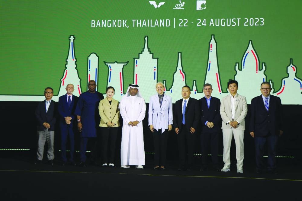 Khalil al-Mohannadi, the First Vice-President of International Table Tennis Federation (ITTF) and the Qatar, Arab and Asian Table Tennis Federations, is seen with Petra Sorling, President of ITTF, and other officials at the ITTF Summit held in Bangkok, Thailand. 