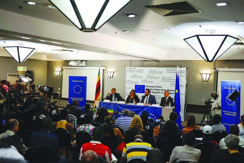 
Members of the European Union Election Observation Mission in Zimbabwe address the media in Harare. 