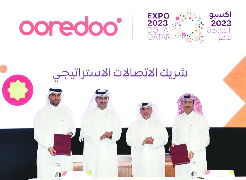 HE the Minister of Municipality Dr Abdullah bin Abdulaziz bin Turki Al Subaie, Ooredoo CEOSheikh Ali Bin Jabor al-Thani, Expo 2023 Doha secretary general Mohamed Ali al-Khoury and Ooredoo chief business officer Thani al-Malki at the signing ceremony Wednesday. PICTURES: Shaji Kayamkulam.