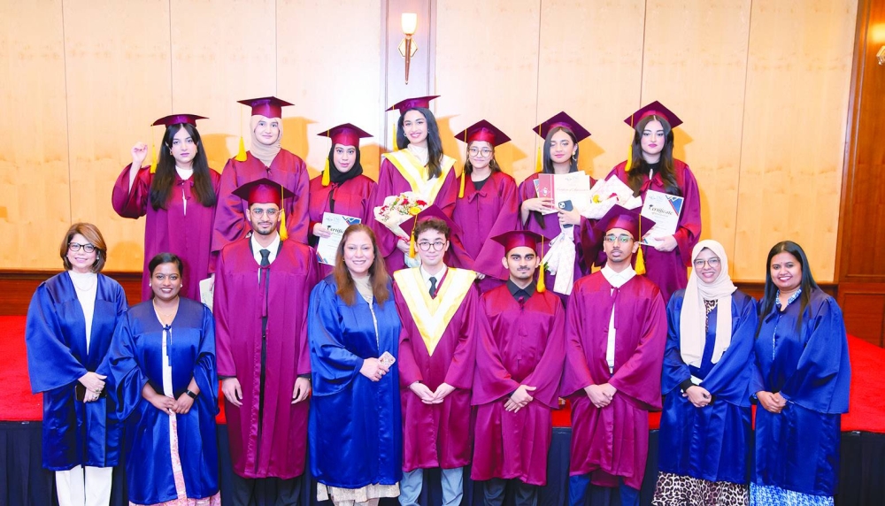TNG CEO Shagufta Bakali (fourth left front row) and principal Ailia Rizvi (left front row) and TNG Al Wakra Secondary Campus headmistress Rusna Raiz Ahammed (second right front row) with faculty and distinguished students.