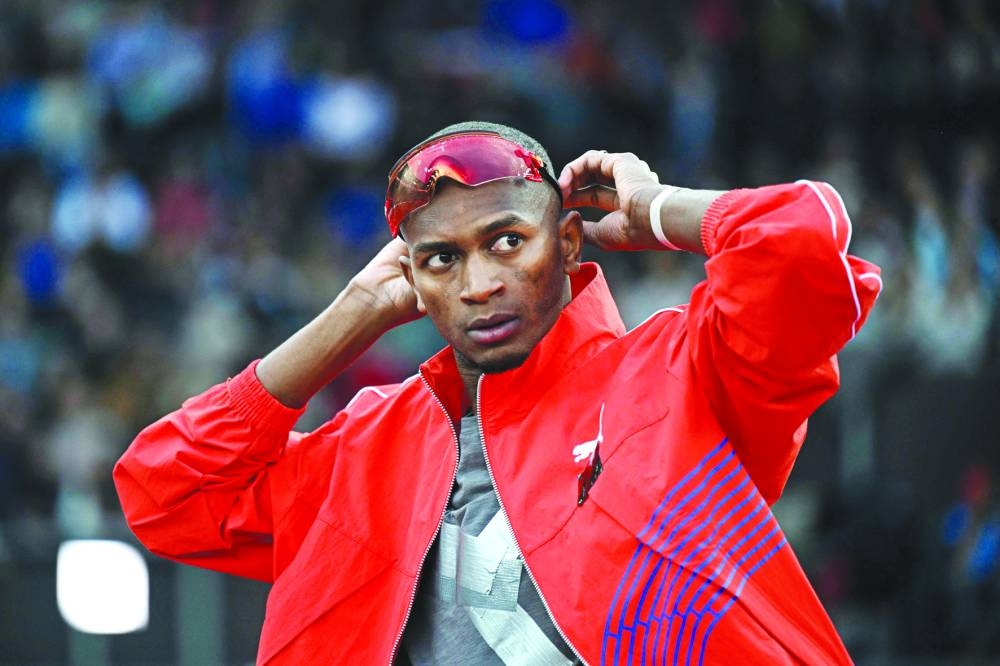 Qatar’s Mutaz Barshim looks on during the high jump event at the Zurich Diamond League meeting at Stadion Letzigrund stadium on Thursday. (AFP)
