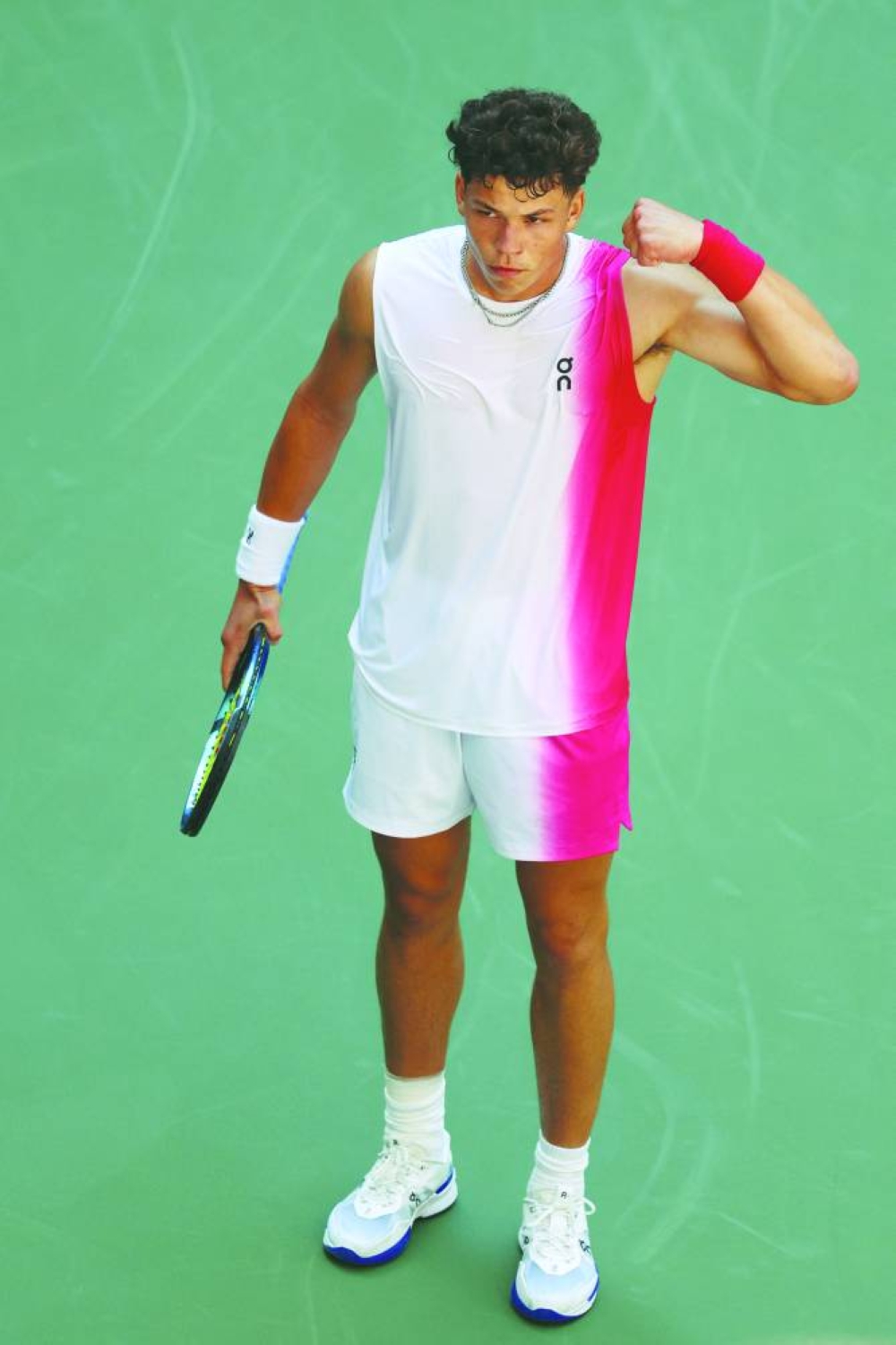 Ben Shelton reacts during his US Open match against Tommy Paul at USTA Billie Jean King National Tennis Center in New York on Sunday. (AFP)