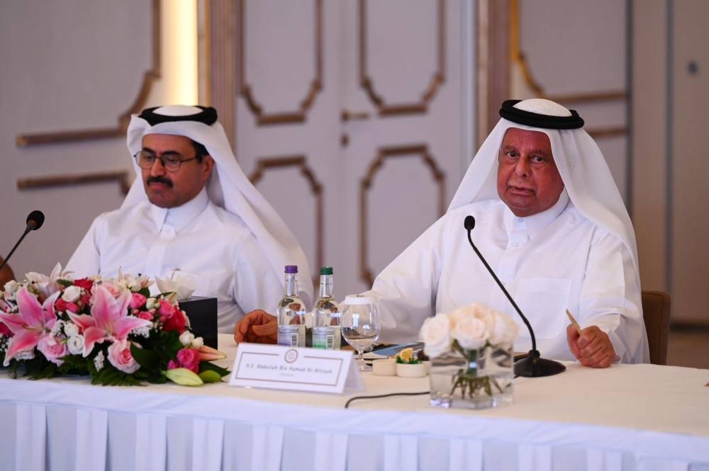 HE Abdullah bin Hamad al-Attiyah with HE Dr Mohamed bin Saleh-Sada, former Minister of Energy at the  Al-Attiyah Foundation's ‘CEO Roundtable’ in Doha Wednesday.