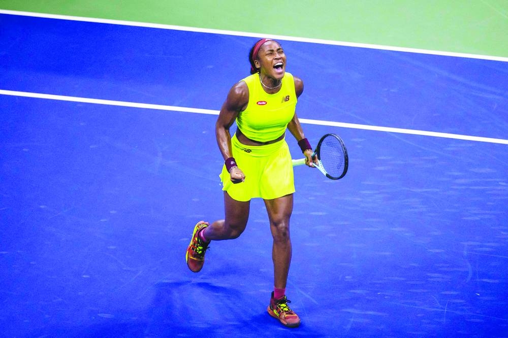 
USA’s Coco Gauff celebrates after her win against Czech Republic’s Karolina Muchova in the US Open semi-finals in New York on Thursday. (AFP) 