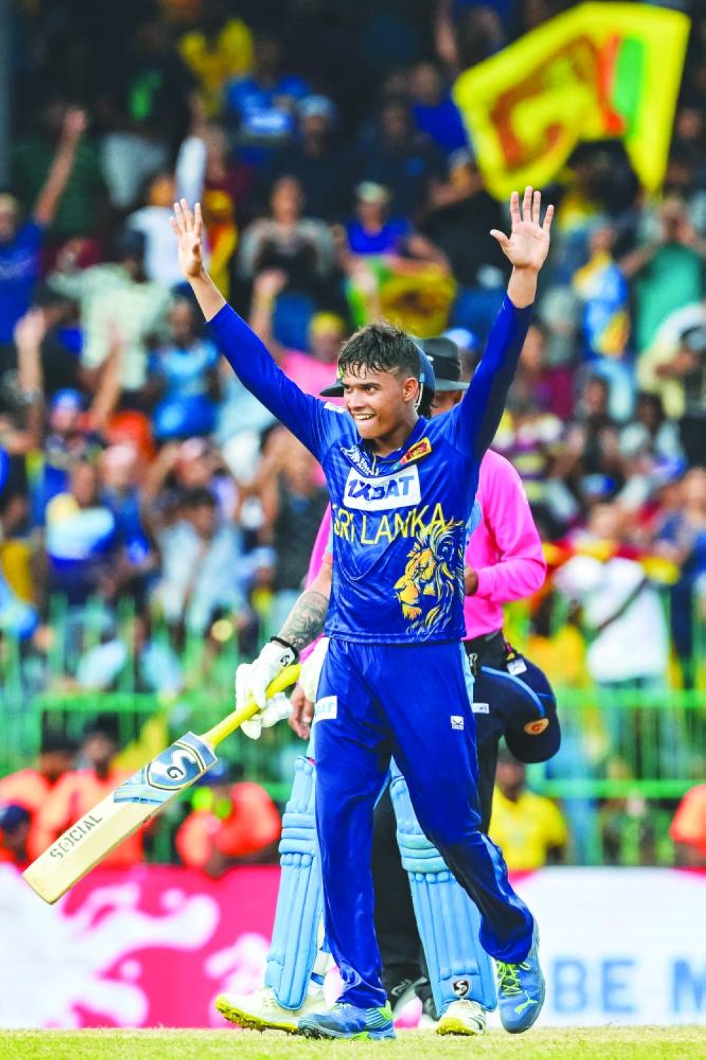 Sri Lanka’s Dunith Wellalage celebrates after taking the wicket of India’s KL Rahul during the Asia Cup Super Four ODI match in Colombo on Tuesday. (AFP)