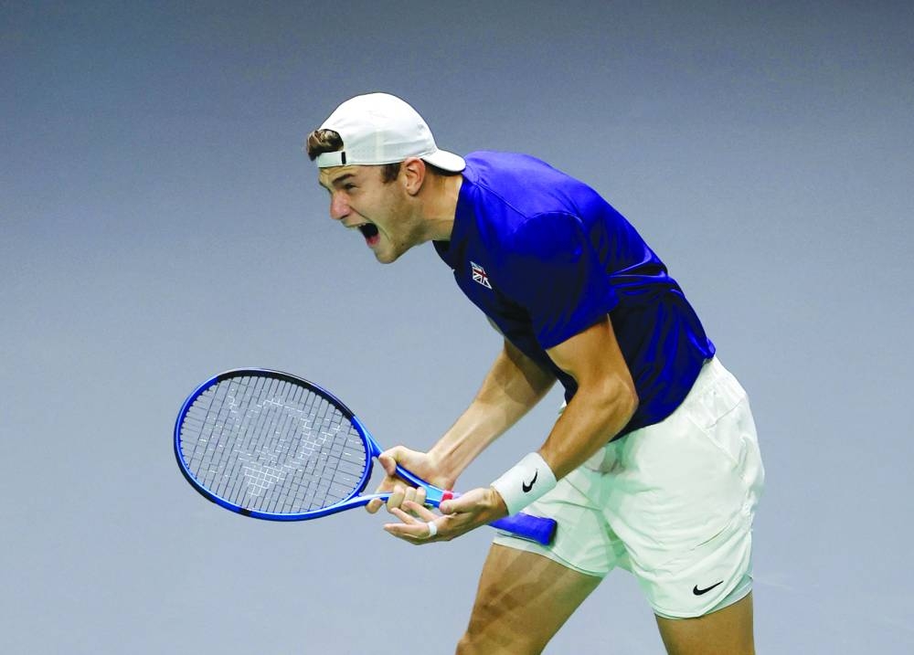 
Britain’s Jack Draper celebrates winning his match against Australia’s Thanasi Kokkinakis on Wednesday. (Reuters) 
