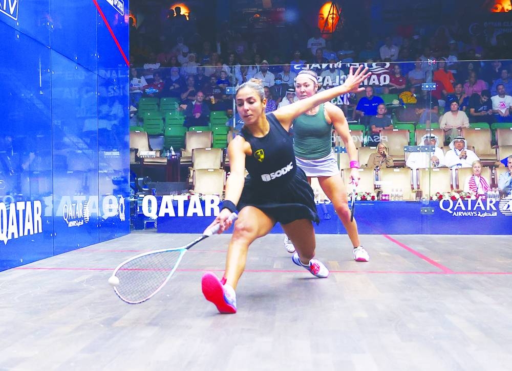 Hania El Hammamy of Egypt lunges to retrieve the ball during her semi-final against Amanda Sobhy of the US at the QTerminals Qatar Classic at the Khalifa International Tennis and Squash Complex in Doha on Thursday.