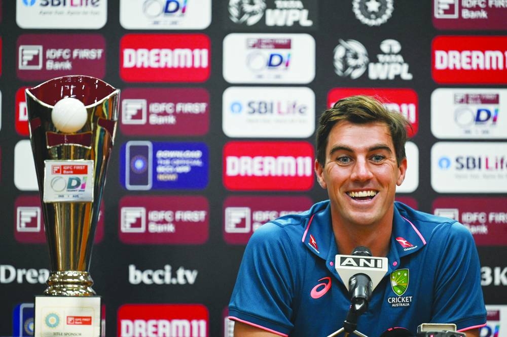 Australia captain Pat Cummins addresses a media briefing at the Punjab Cricket Association Stadium in Mohali on Thursday. (AFP)