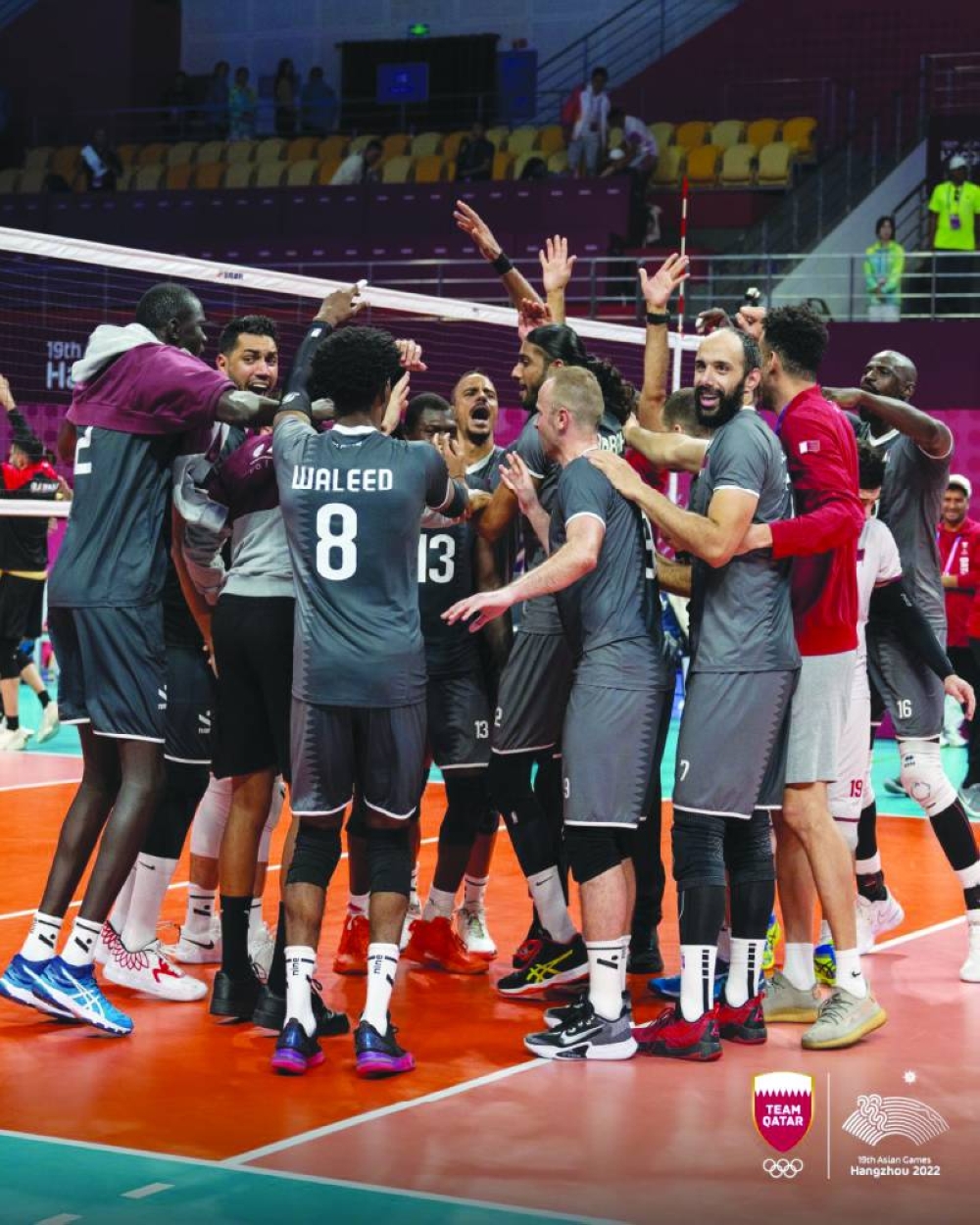 Qatar’s volleyball team celebrate after their win over Bahrain during the Hangzhou Asian Games in China on Friday. Qatar will take on Pakistan in the quarters tomorrow.