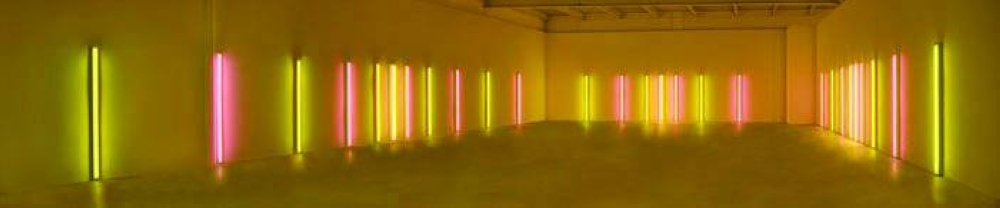 Dan Flavin, alternating pink and “gold”, 1967, pink and yellow fluorescent light (supplied pictures).