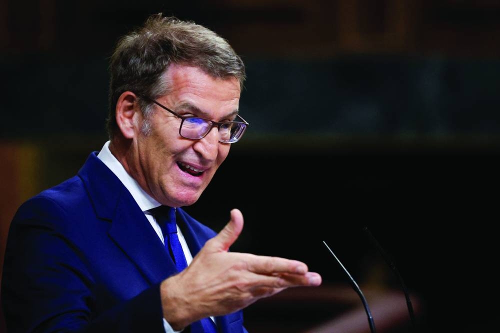 Spain’s opposition People’s Party leader Alberto Nunez Feijoo speaks during an investiture debate at parliament in Madrid on Tuesday. (Reuters)