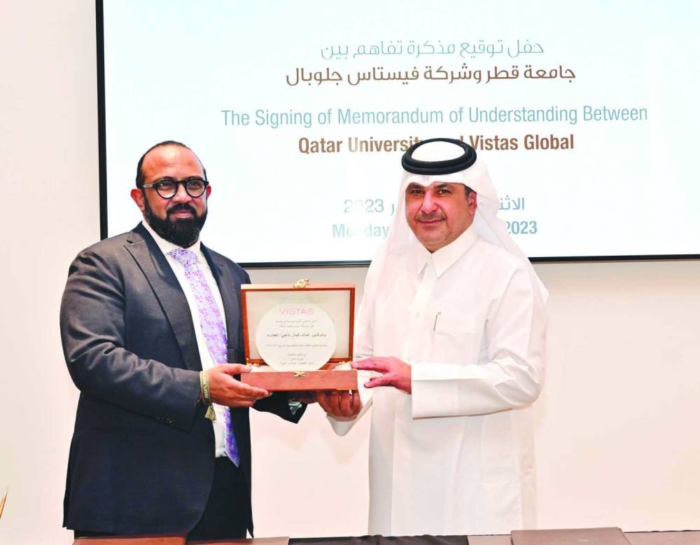 Vistas Global CEO Suraj Thampi and QU CENG dean Dr Khaled Kamal Naji at the MoU signing ceremony.