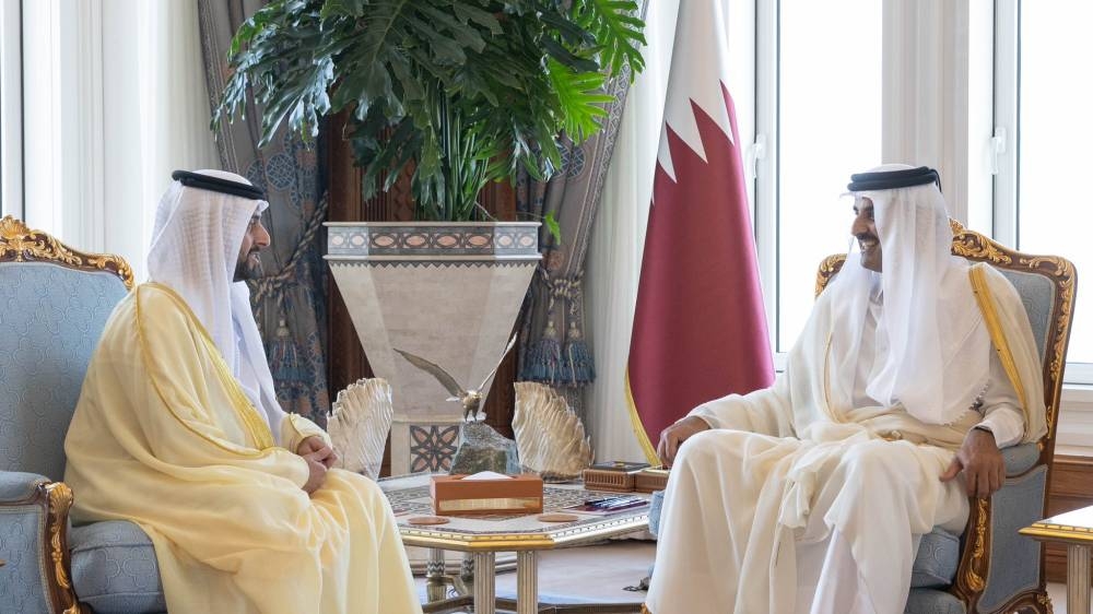 His Highness the Amir Sheikh Tamim bin Hamad al-Thani receives the credentials of the ambassador of United Arab Emirates Sheikh Zayed bin Khalifa bin Sultan bin Shakhboot al-Nahyan.