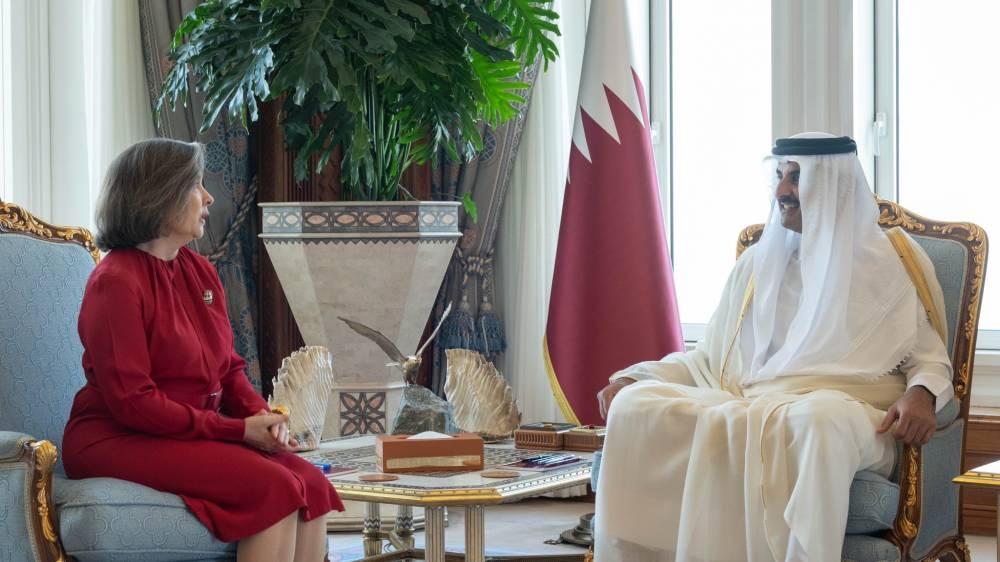 His Highness the Amir Sheikh Tamim bin Hamad al-Thani receives the credentials of the ambassador of the Swiss Confederation Florence Tinguely Mattli.