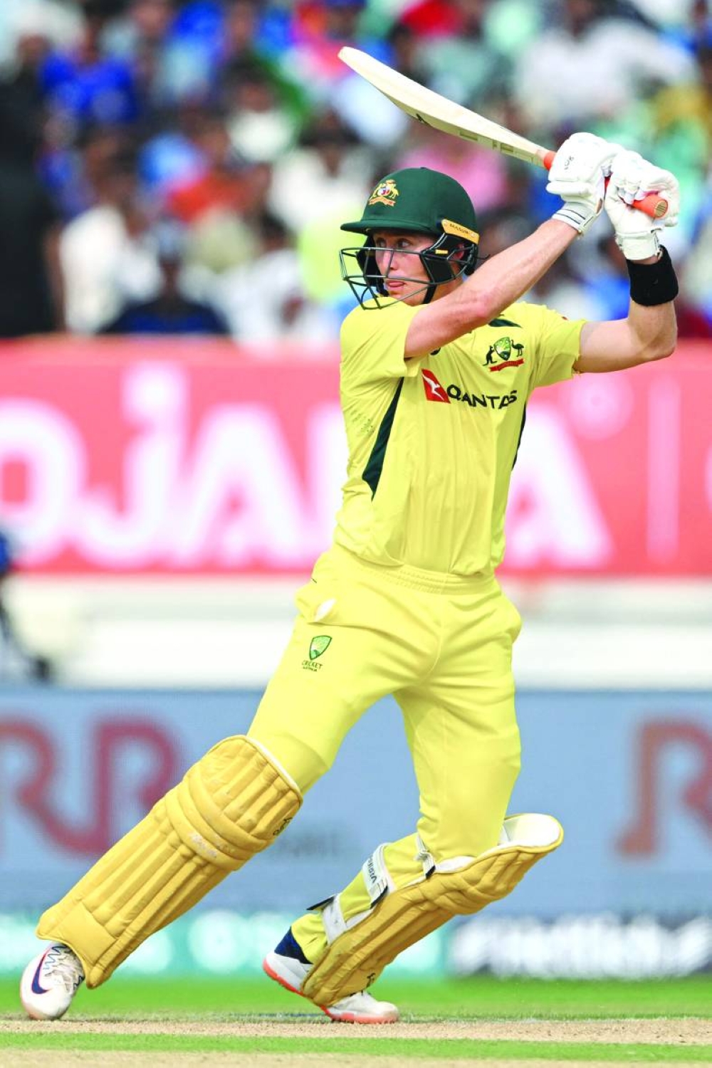 Australia's Marnus Labuschagne plays a shot during the third and final one-day international against India at the Saurashtra Cricket Association Stadium in Rajkot. (AFP)
