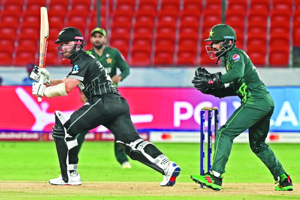 New Zealand’s Kane Williamson plays a shot during a warm-up match against Pakistan ahead of the ICC Men’s Cricket World Cup in Hyderabad on Friday. (AFP)