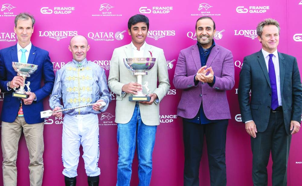 
Al Shaqab-owned Afjan is ridden to victory by Christophe Soumillon in the Group 1 (PA) Qatar Arabian Trophy Des Poulains.  