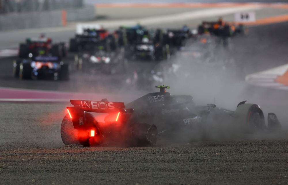Mercedes' Lewis Hamilton crashes out of the Qatari Formula One Grand Prix at Lusail International Circuit Sunday. REUTERS