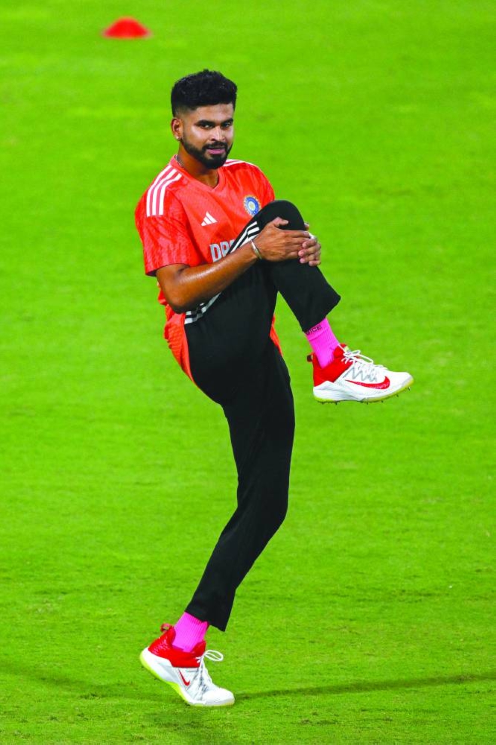 India’s Shreyas Iyer attends a practice session on Tuesday, on the eve of the ICC World Cup match against Afghanistan in New Delhi. (AFP)