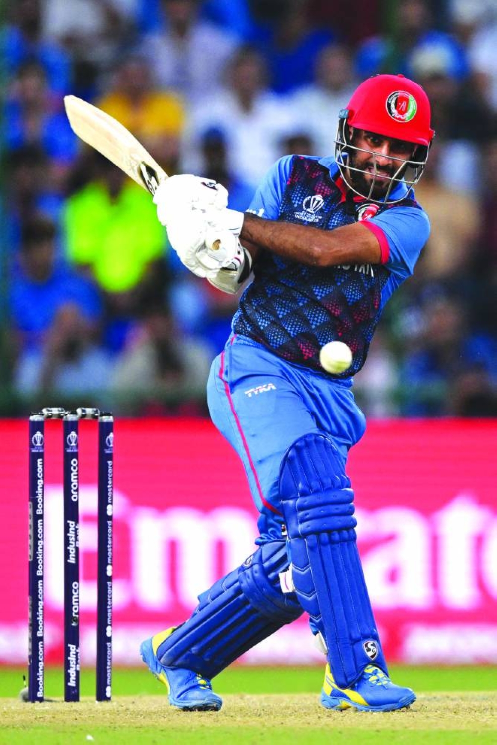 Afghanistan’s captain Hashmatullah Shahidi plays a shot during his 80-run knock on Wednesday. (AFP)