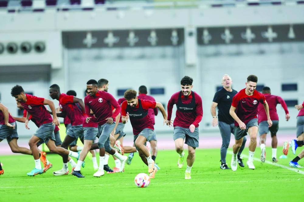 Qatar players at a training session at the Khalifa International Stadium on Wednesday.