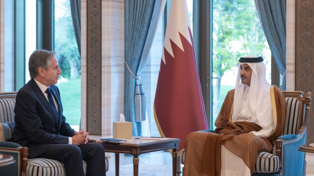 His Highness the Amir Sheikh Tamim bin Hamad Al-Thani meets with Anthony Blinken, the Secretary of State of the United States of America, at Lusail Palace Friday.