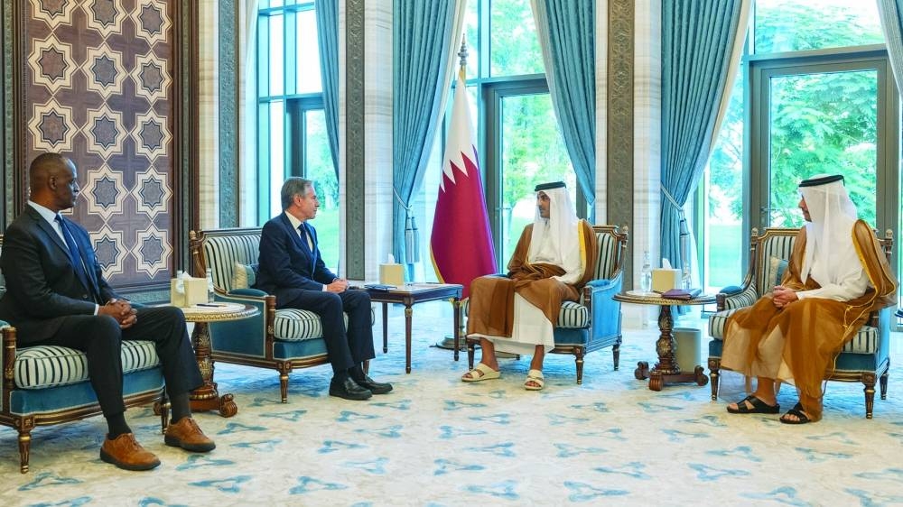 His Highness the Amir Sheikh Tamim bin Hamad Al-Thani meets with Anthony Blinken, the Secretary of State of the United States of America, at Lusail Palace Friday.